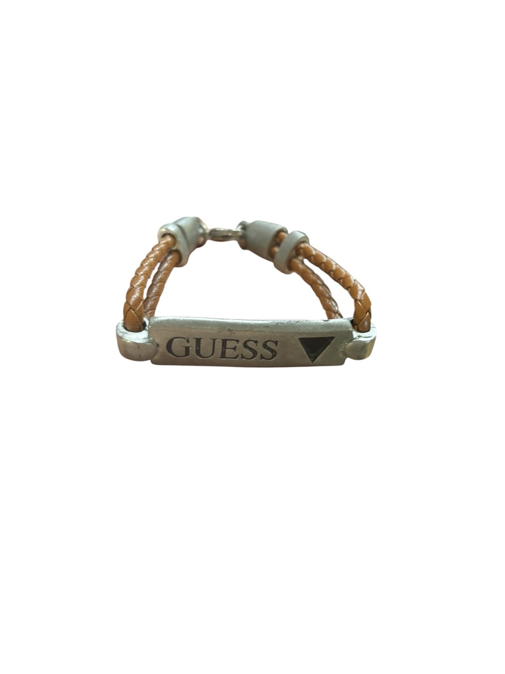 Vintage Guess Women Braided Leather Bracelet w Silver tone Engraved Metal Plate